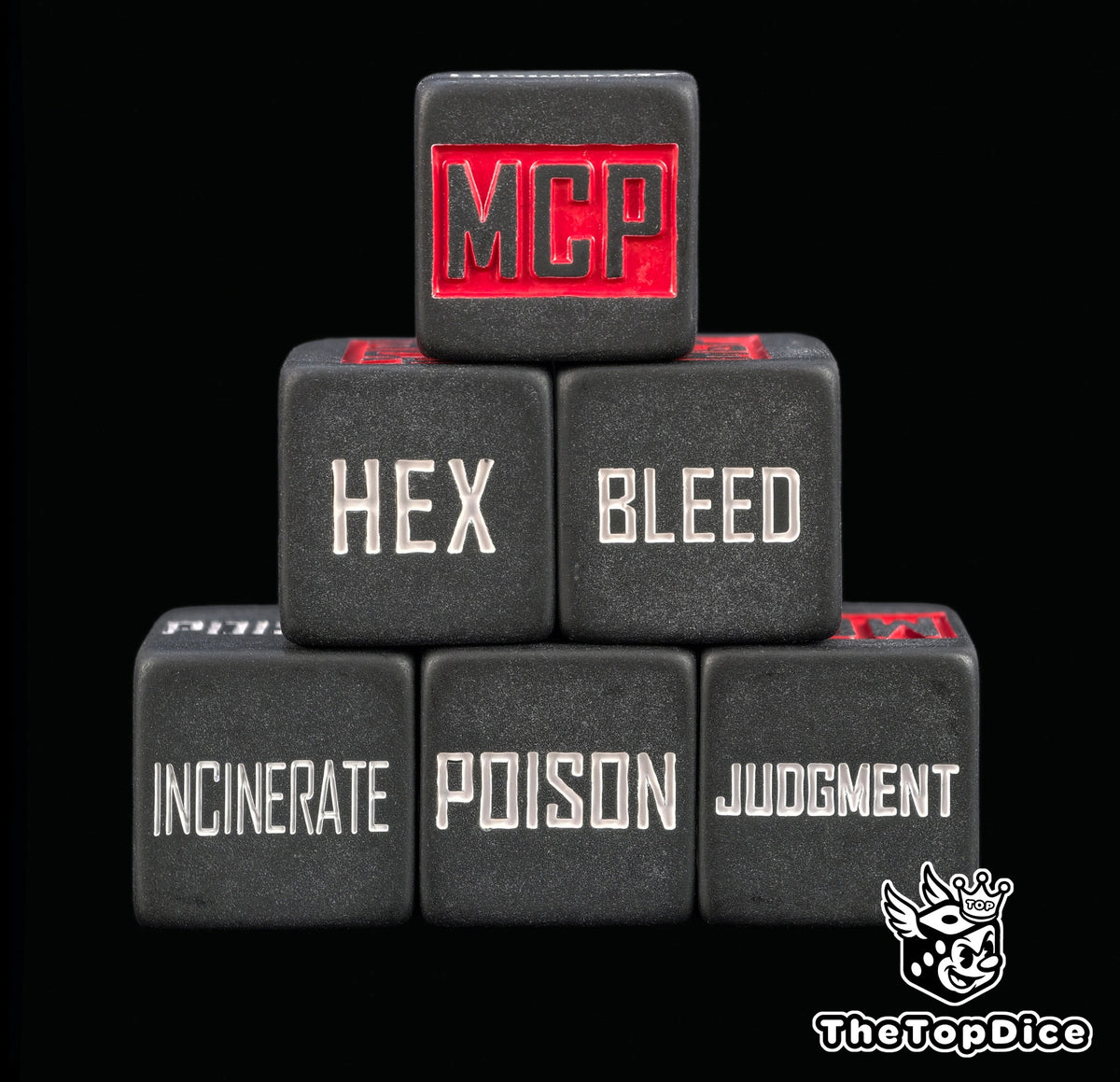 dados inspirados en los tokens de marvel crisis protocol en los 10 efectos de que tienen de base de color negro matte ahi 2 tipos 5 efectos y el logo es MCP azul y otro es 5 efectos y el logo es mcp rojo