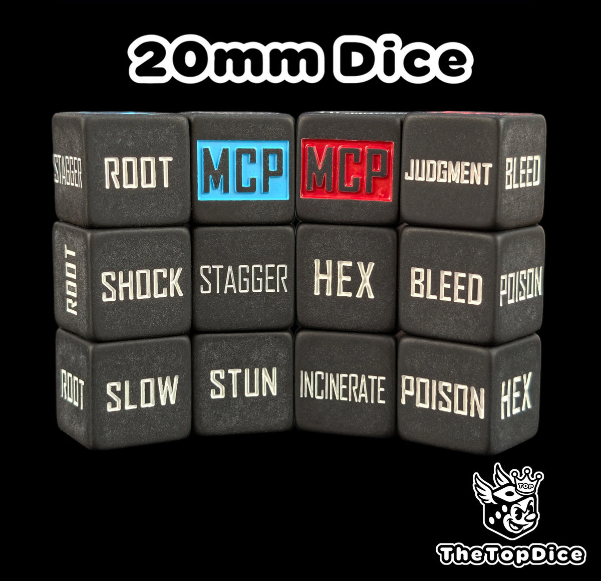 dados inspirados en los tokens de marvel crisis protocol en los 10 efectos de que tienen de base de color negro matte ahi 2 tipos 5 efectos y el logo es MCP azul y otro es 5 efectos y el logo es mcp rojo
