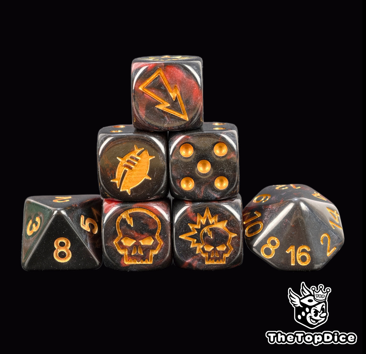 Molten ember fantasy football dice set of seven 16mm resin dice in red and black with gold logos