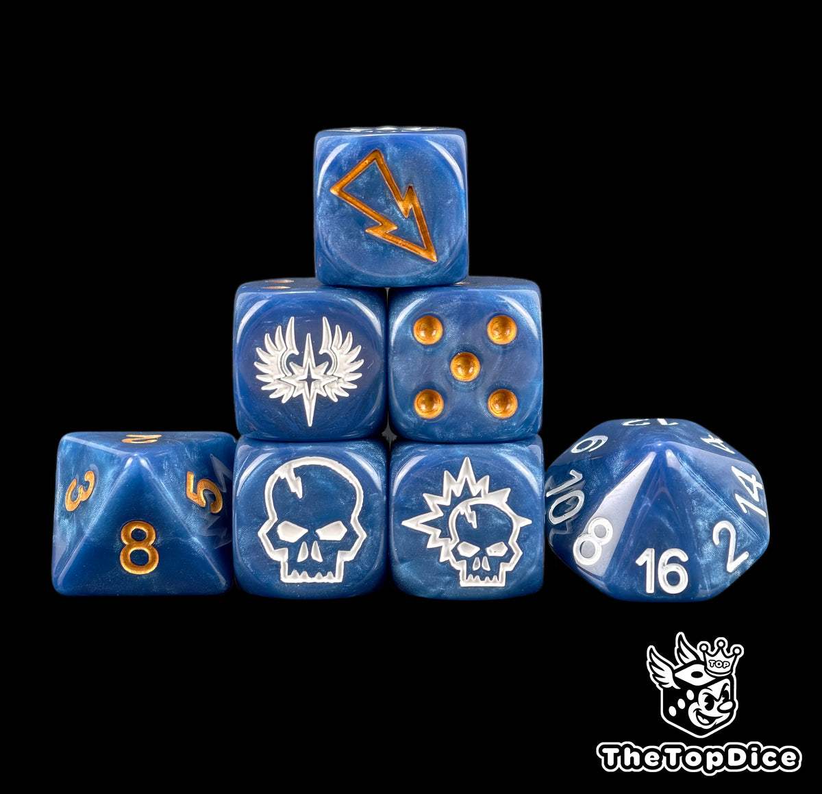 Blue and gold Winged Star fantasy football dice set of seven 16mm resin dice with a white winged star crest for Blood Bowl