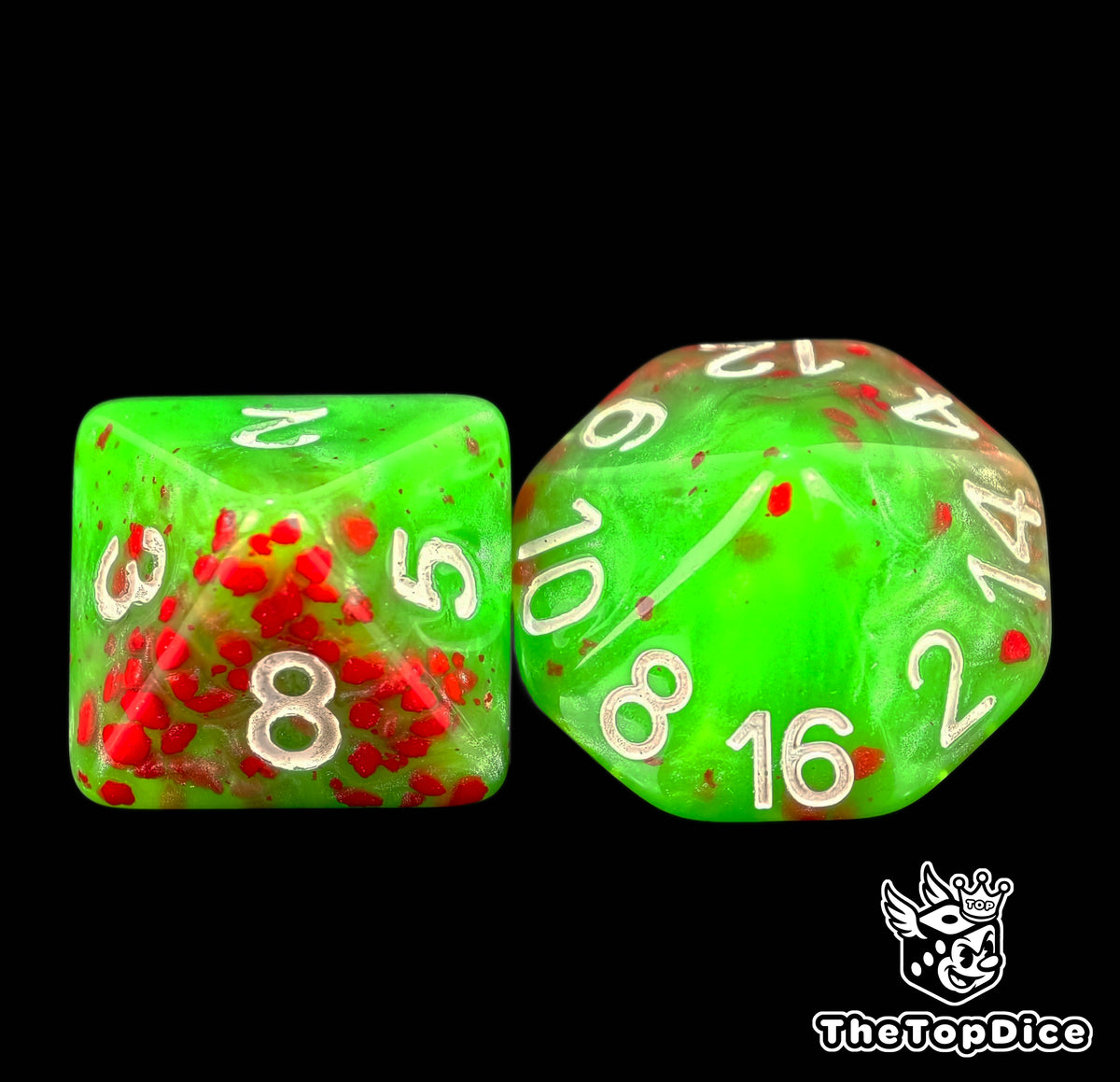 Green 16mm D8 and D16 flecked with red blood spatter and numbered in white for Blood Bowl