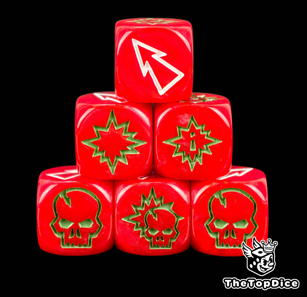 Three solid red 16mm block dice with green skull and burst symbols and a white arrow for Blood Bowl