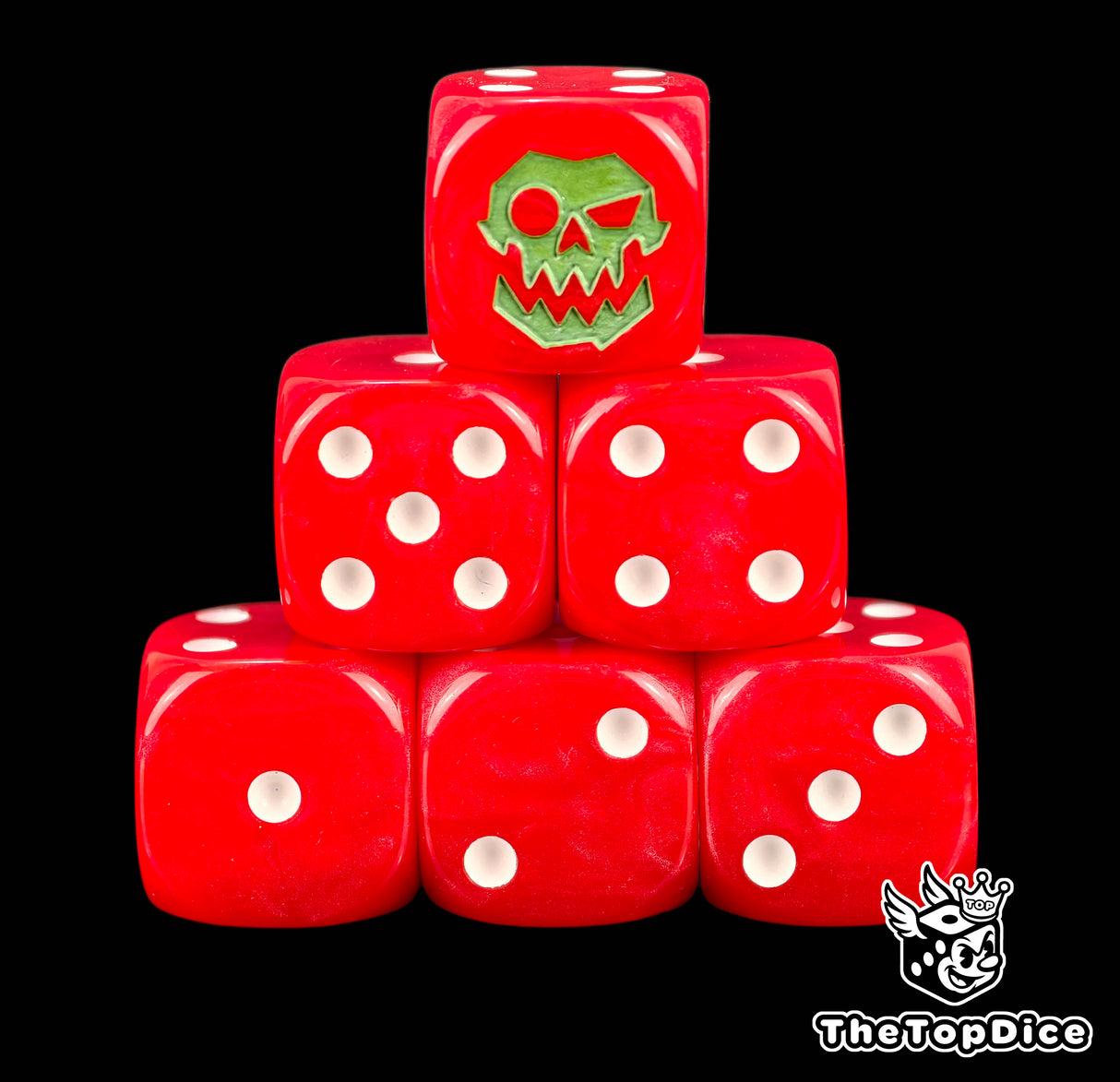 Two solid red 16mm D6 with white pips and a grinning green orc skull crest on the six for Blood Bowl