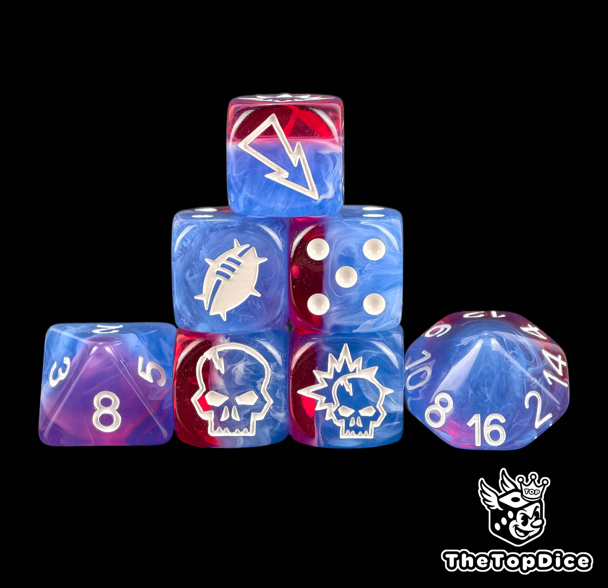 Translucent red and blue Storm Glass fantasy football dice set of seven 16mm resin dice with white logos for Blood Bowl