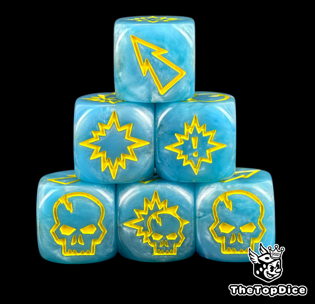 set de dados blood bowl basicos de base de color azul y TODOS los logos de color amarillo compatible con todos los equipos de blood bowl