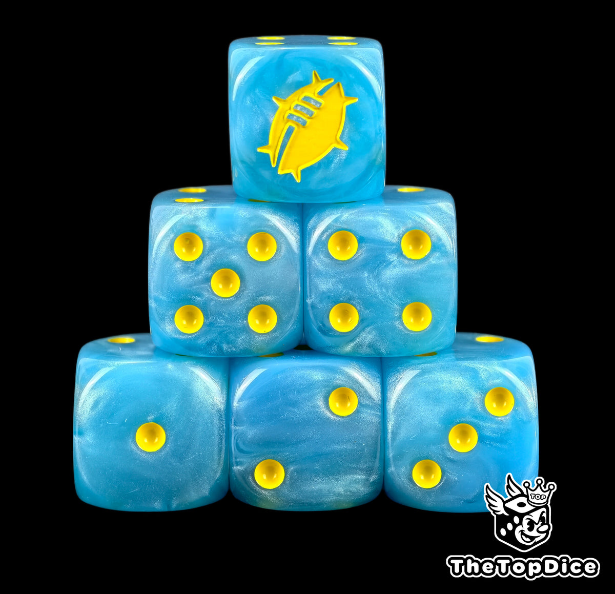 set de dados blood bowl basicos de base de color azul y TODOS los logos de color amarillo compatible con todos los equipos de blood bowl