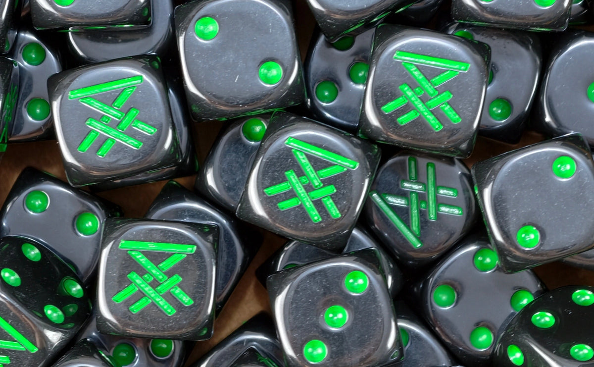 A pile of black Skaven dice, green runes and green pips repeating