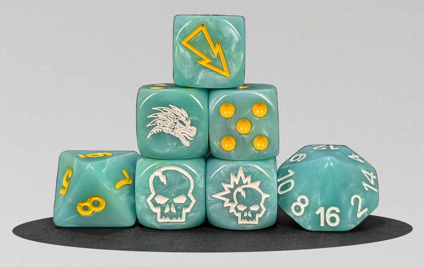Fantasy football dice set in green and gold resin for jungle-themed team games