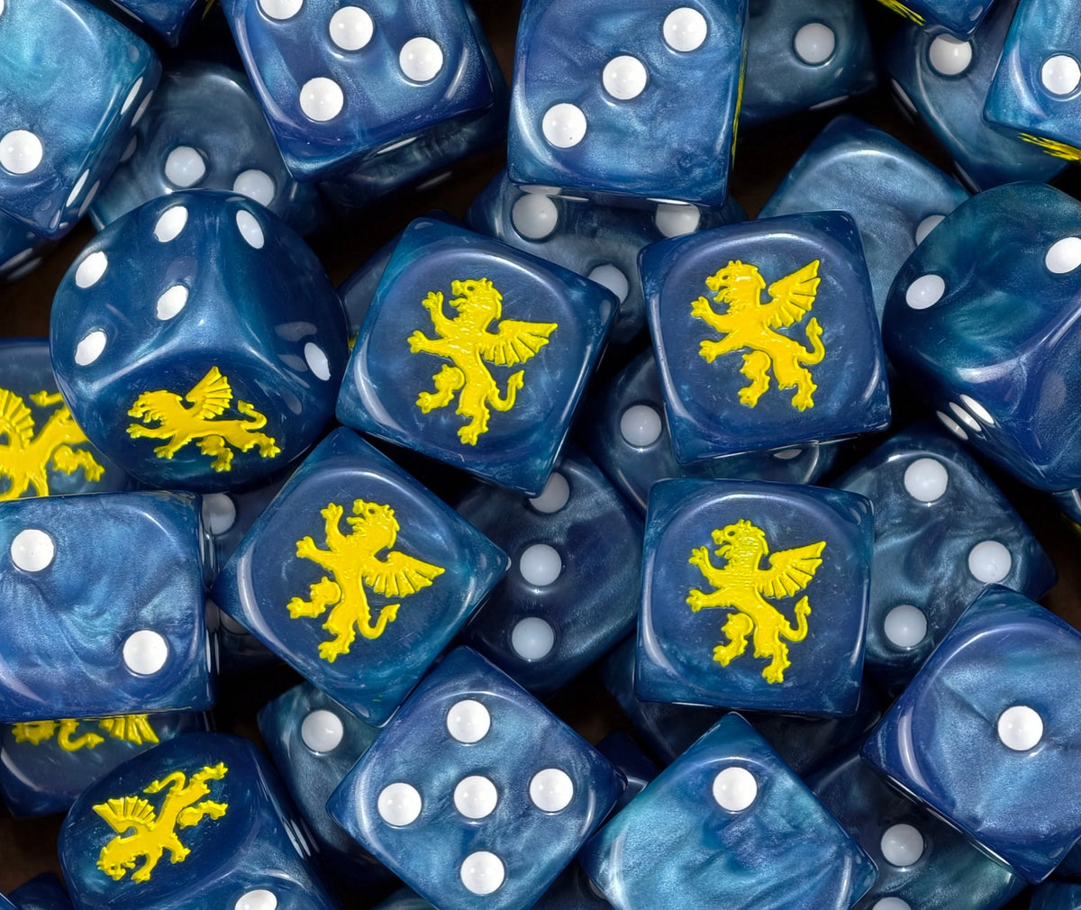 A pile of blue Empire D6 with white pips and gold rampant griffons
