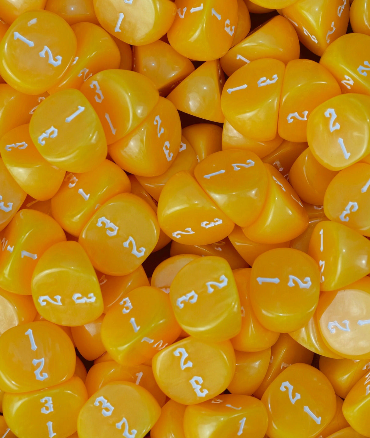 Full tray of banana yellow D3 dice, numbering visible across the top