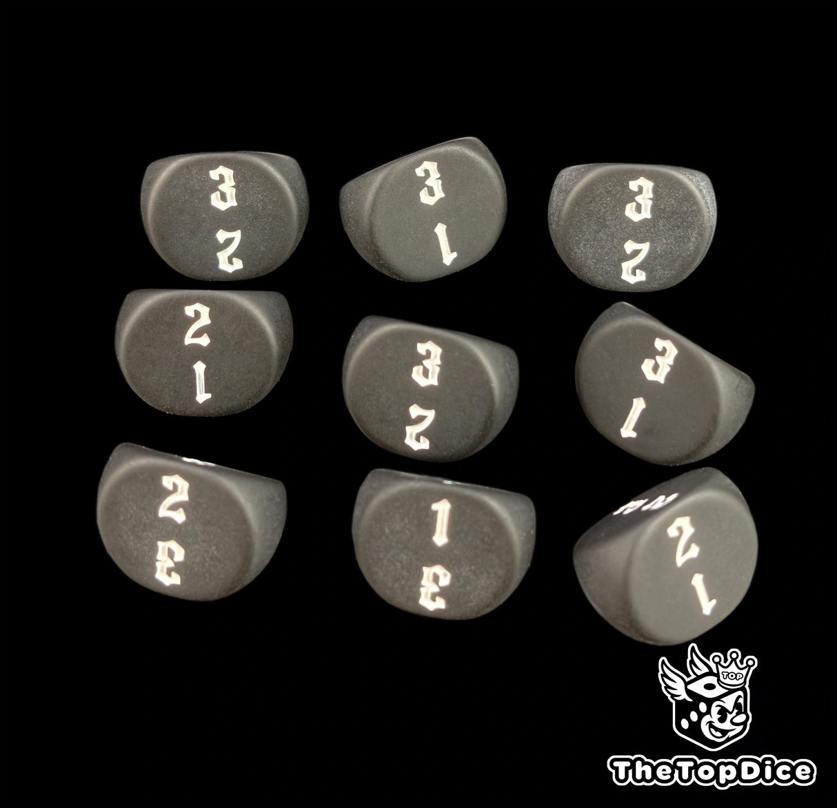 Dead flat black D3 dice in a nine die grid, white numbers 1 to 3