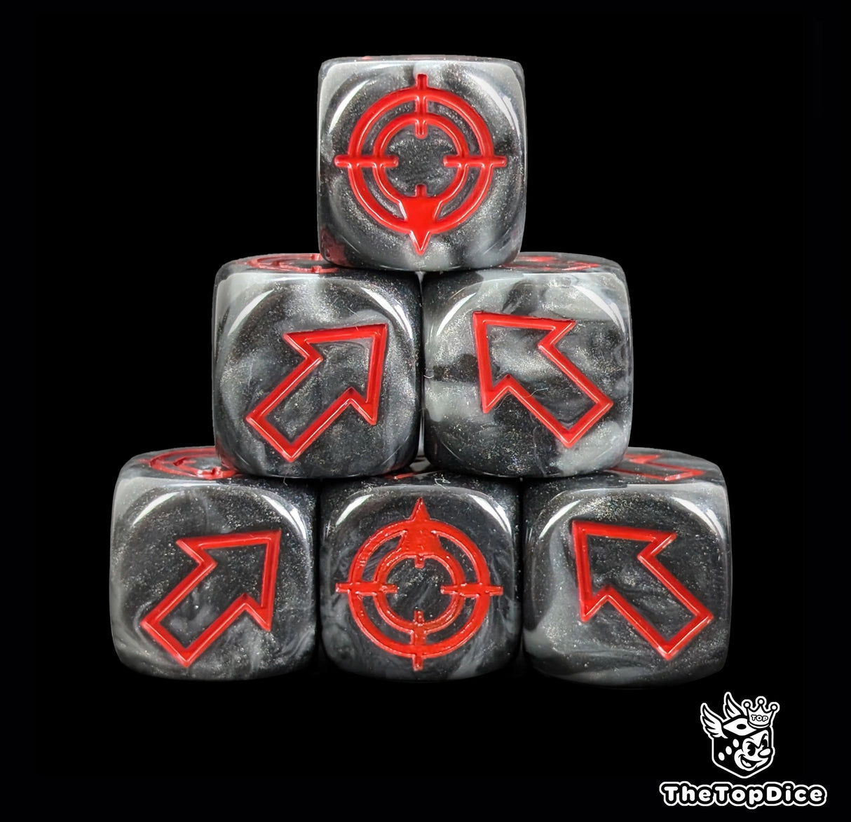 Black and grey 16mm scatter dice with red arrows and hit faces for wargames