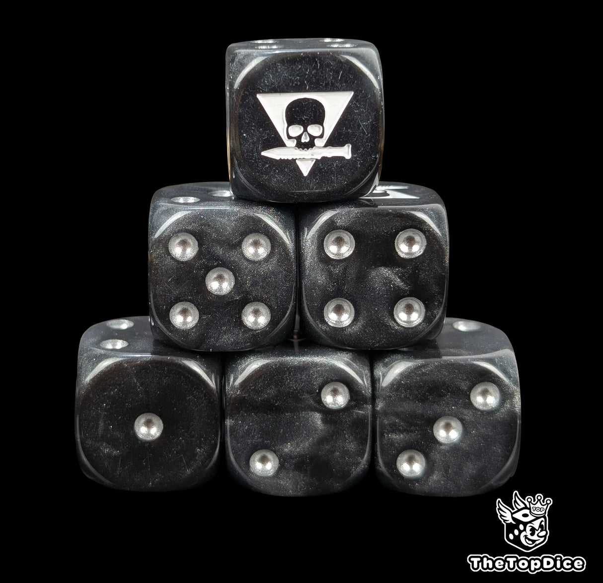 Black 16mm D6 dice with a triangle skull biting a white knife emblem and silver pips for sci-fi wargaming