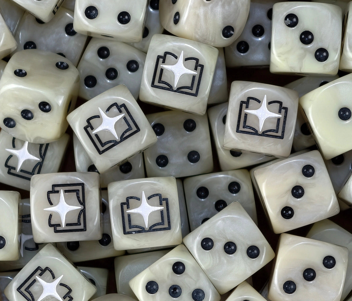 A pile of bone Tome Keepers D6 with black pips and black open books