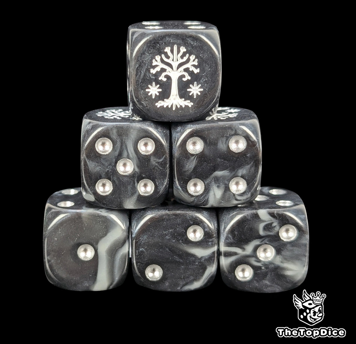 Black and grey 16mm D6 dice with a white tree emblem and silver pips for epic fantasy wargames