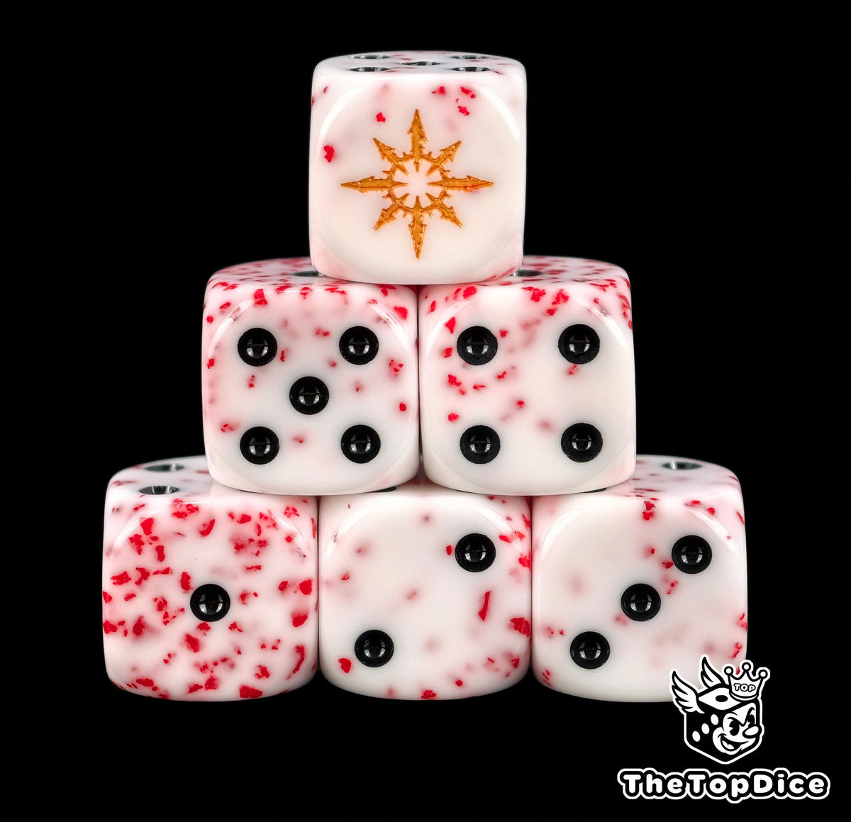 Six blood speckled white chaos D6 stacked, a gold chaos star