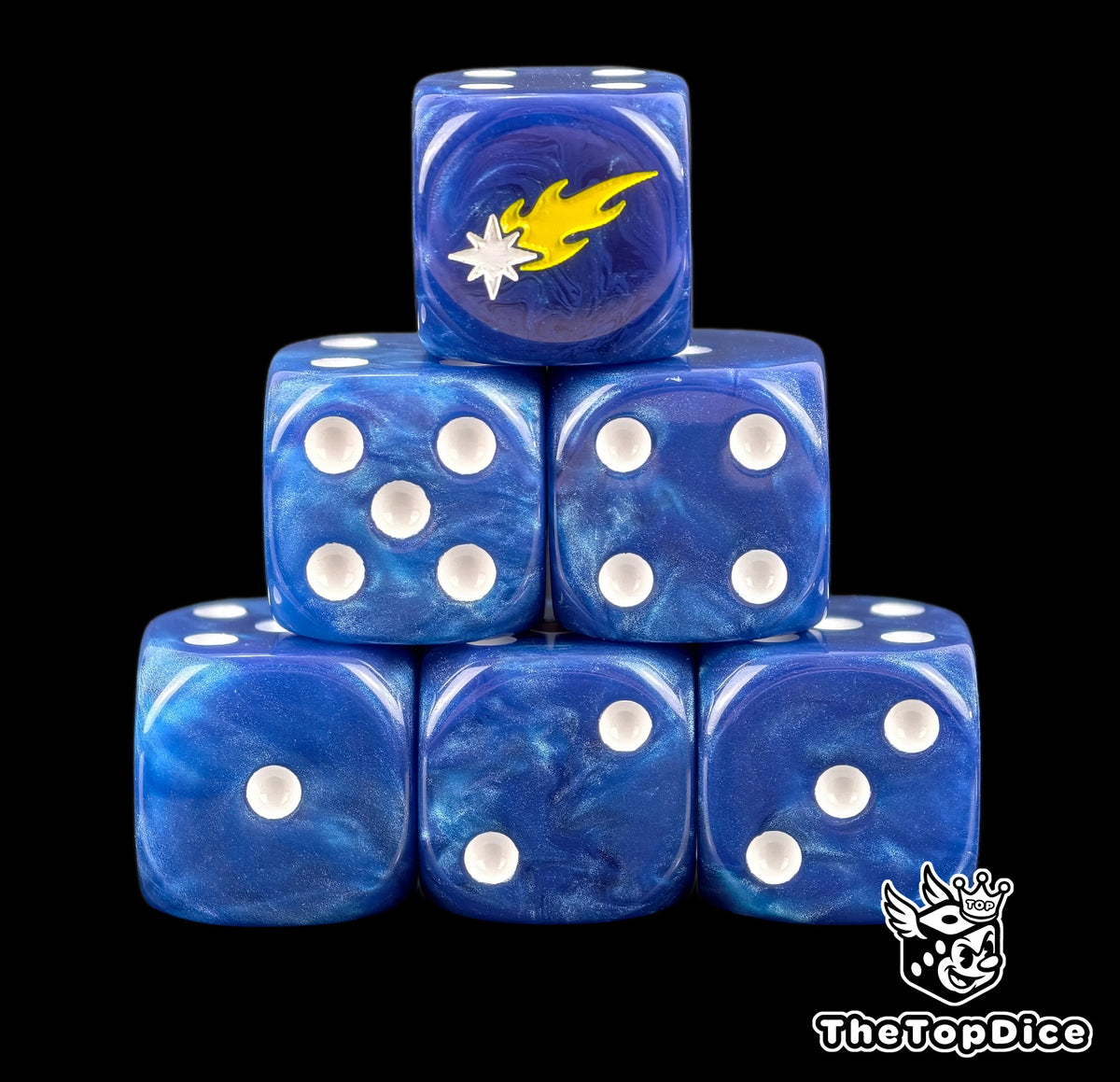 Six blue Marines Errant D6 stacked, white pips and a gold tailed comet