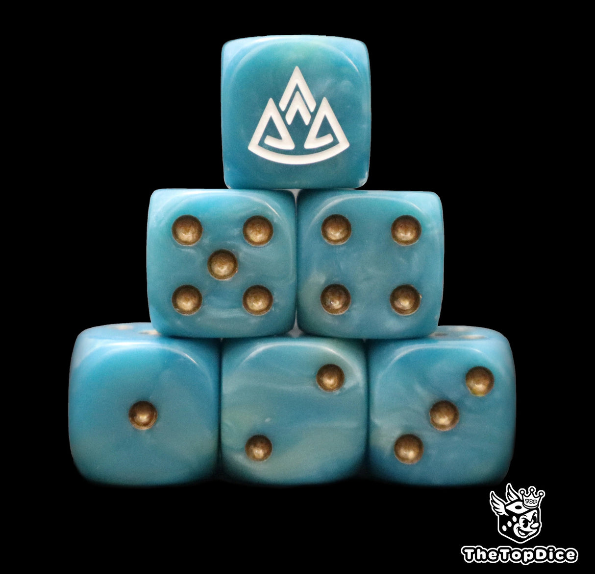 Close up of two blue D6 with a white triple mountain logo on the six face for fantasy football