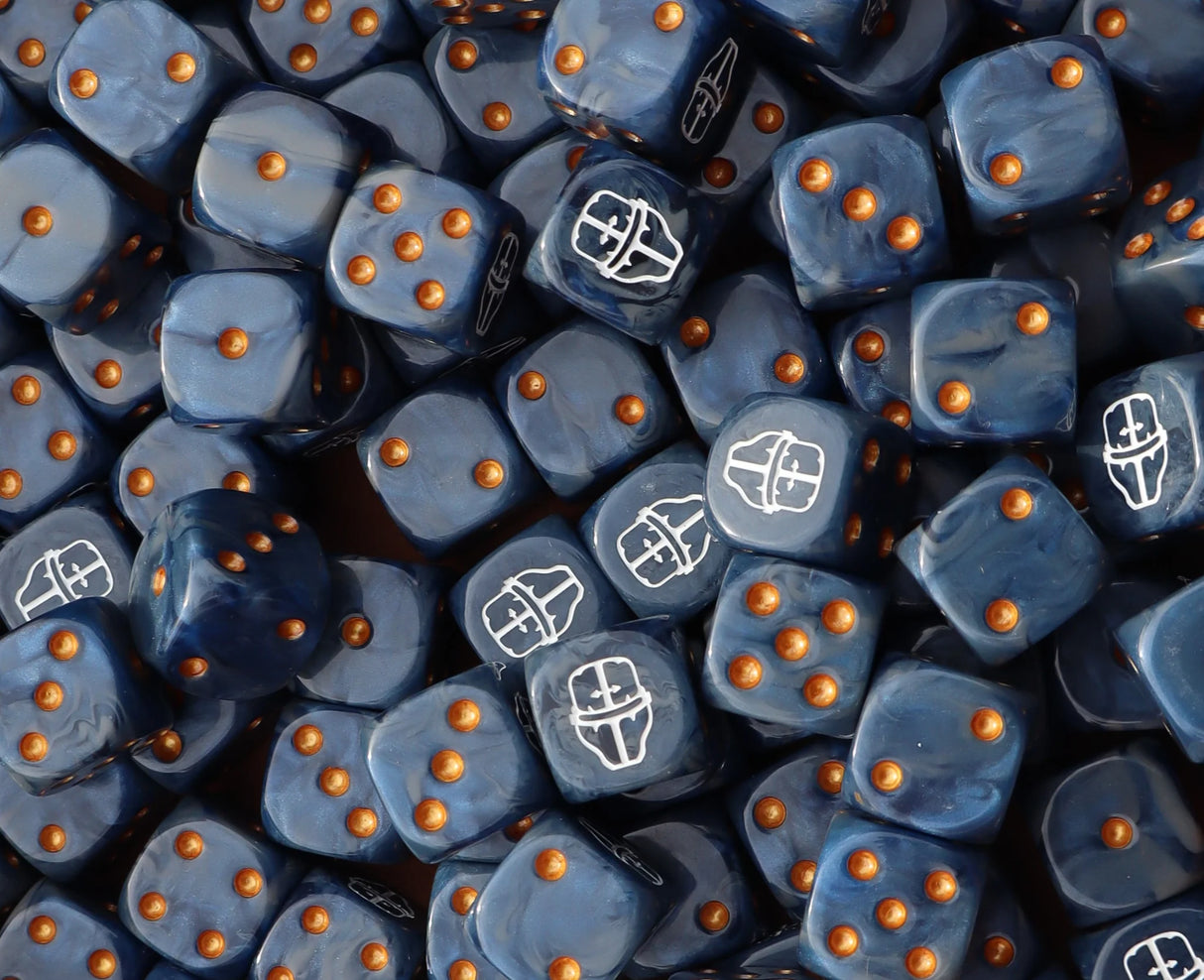 Pile of blue and grey helm 16mm D6 dice for a sci-fi knight army