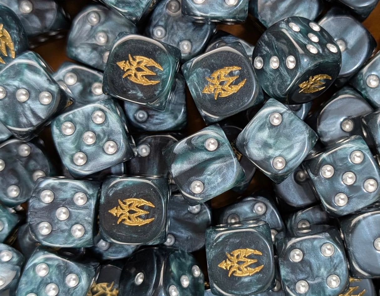 Pile of metallic blue 16mm D6 dice with gold sigils for a sci-fi raider army