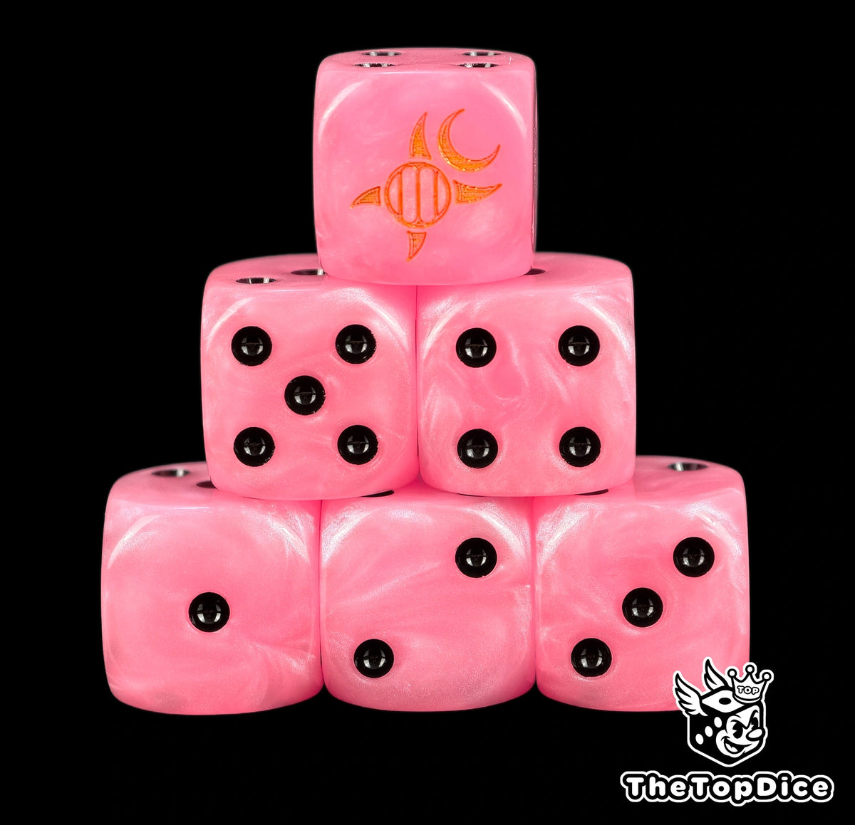 Six pink Emperor's Children D6 stacked, black pips and a gold rune