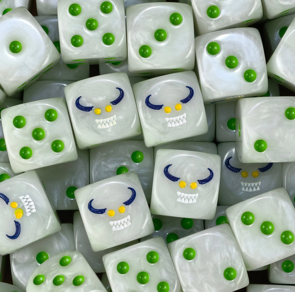 A pile of bone white Nurgling D6 with green pips and horned imps