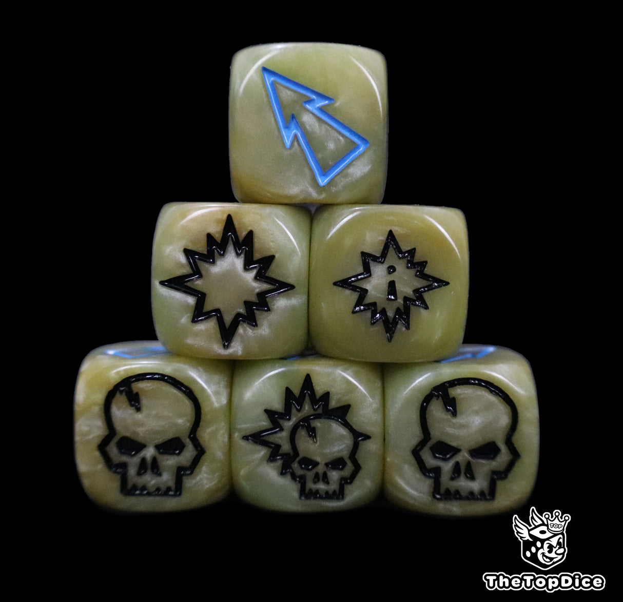 Close up of three bone white 16mm block dice with blue pips for resolving blocks