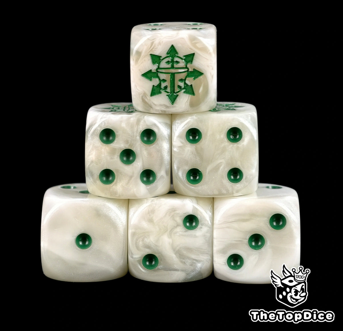 Six bone white Chaos Knight D6 stacked, green pips and a green helm