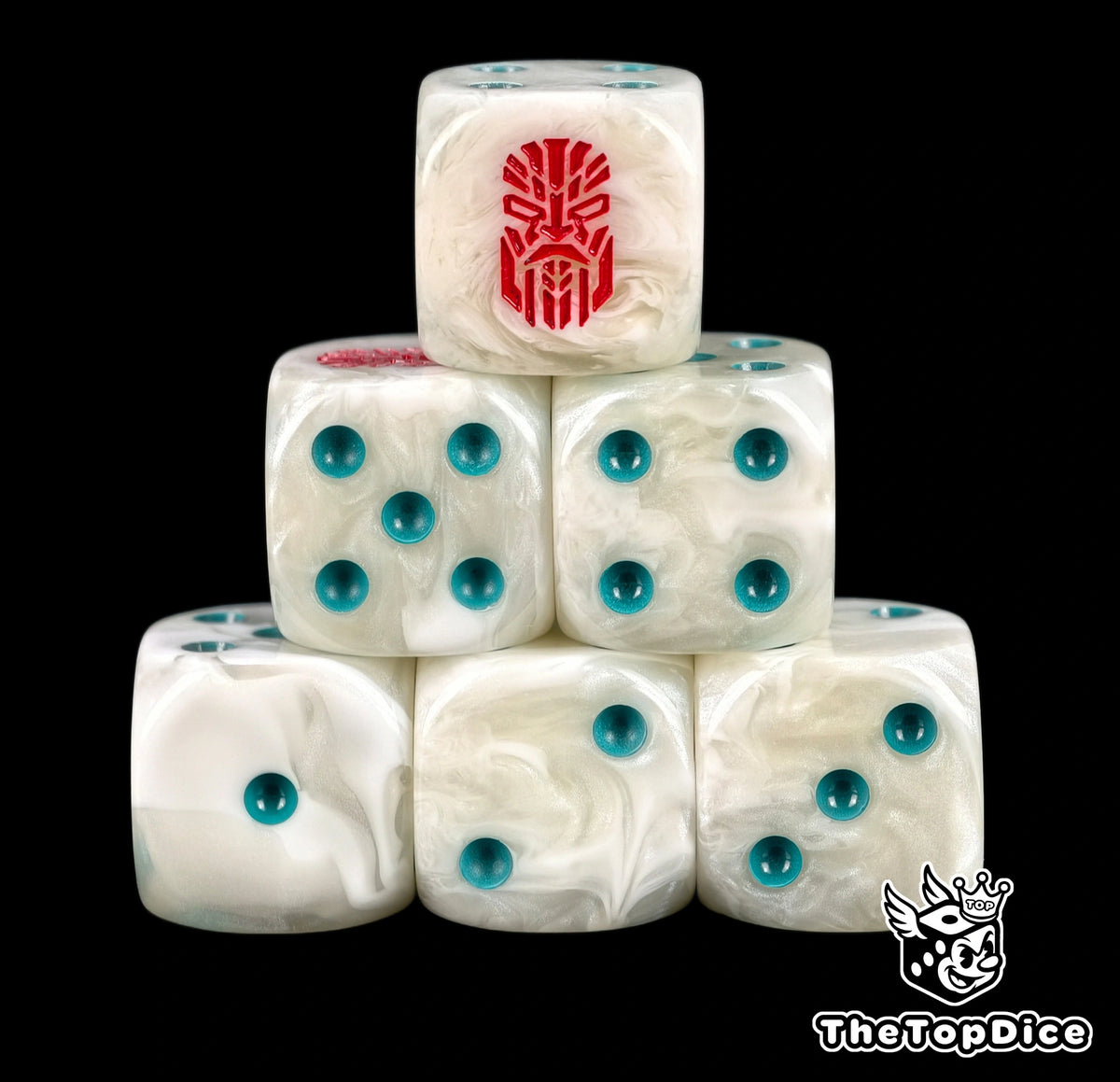 Six bone white Votann D6 stacked, teal pips and a red kin rune
