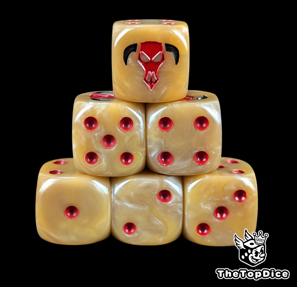 Bronze 16mm D6 dice with a red bull head emblem and red pips for sci-fi wargaming