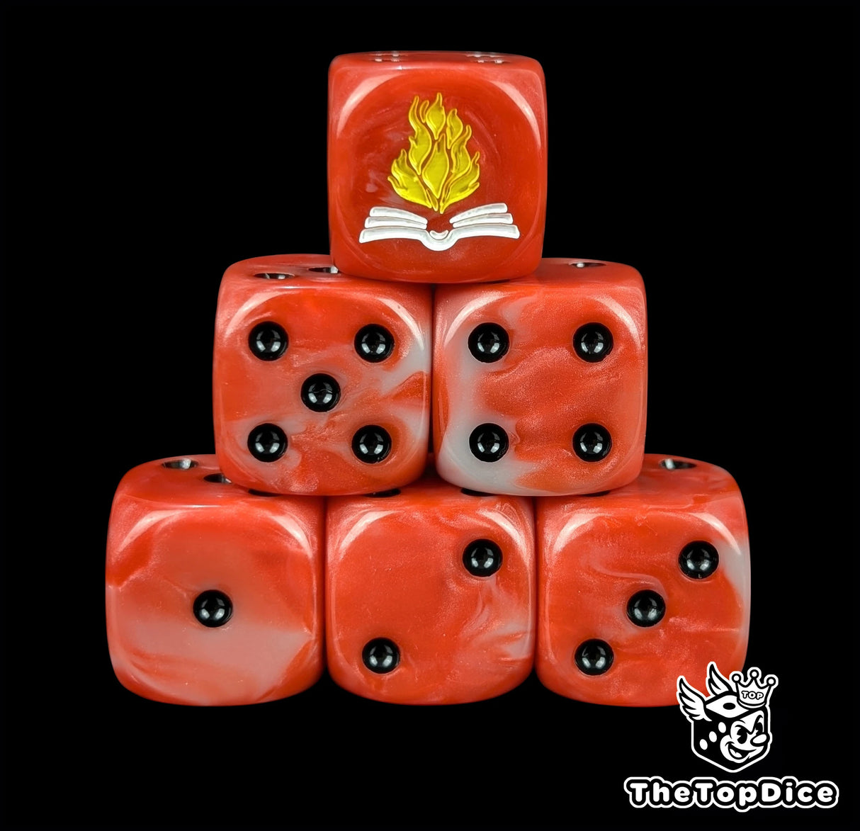 Red resin D6 dice with a white burning tome emblem and black pips