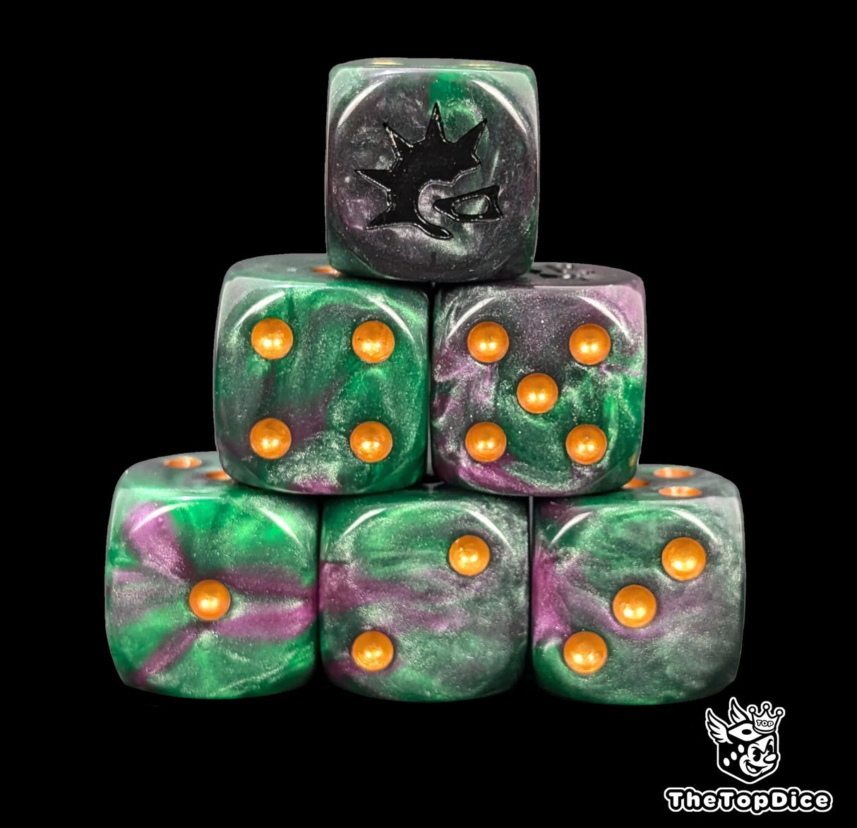 Close up of two green D6 with a black spiked helm logo on the six face for fantasy football