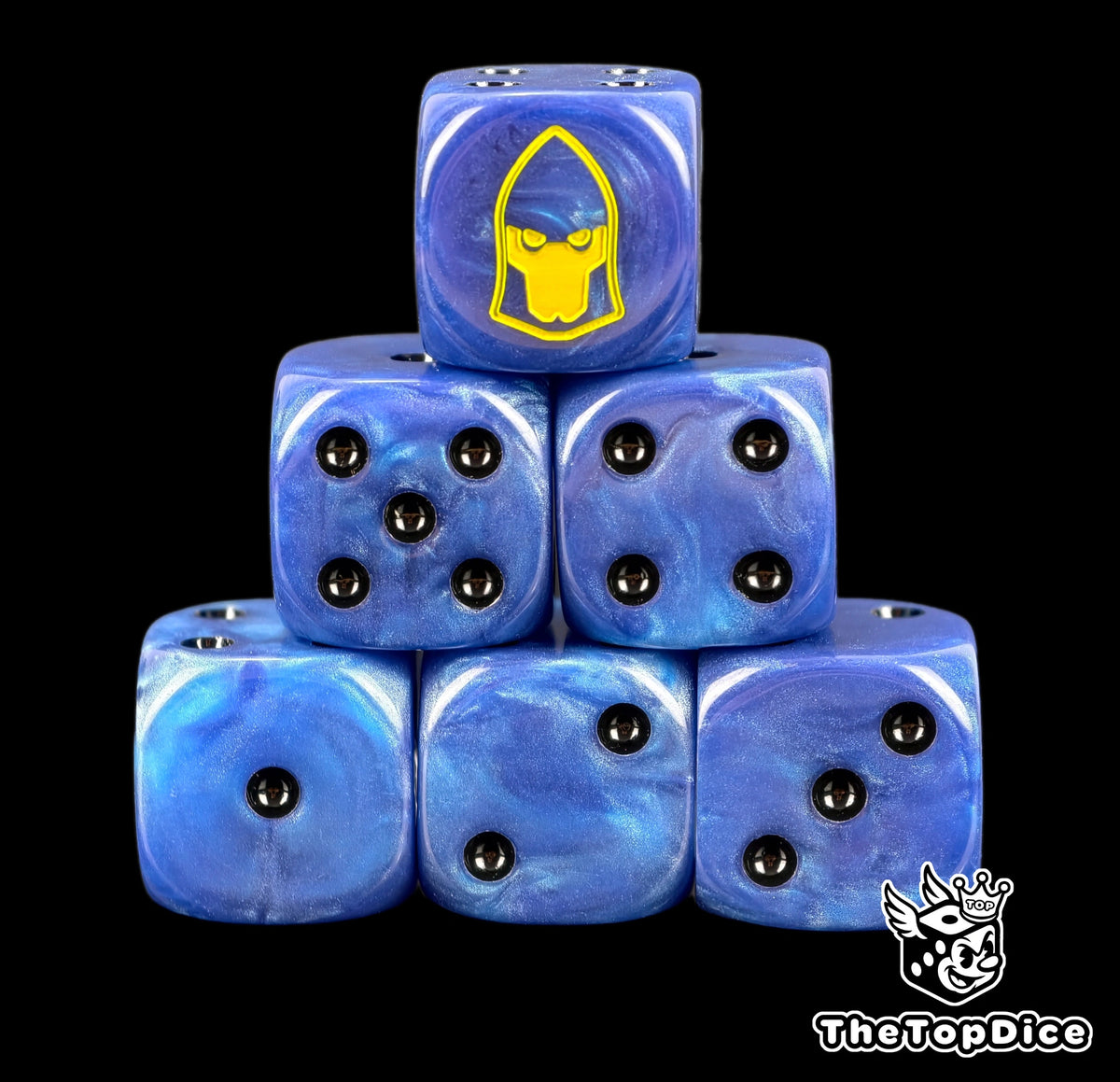Six marbled blue Alaitoc D6 stacked, yellow Eldar helm on top