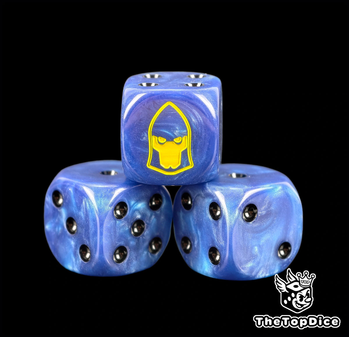 Three blue Alaitoc dice with black pips and a yellow craftworld helm