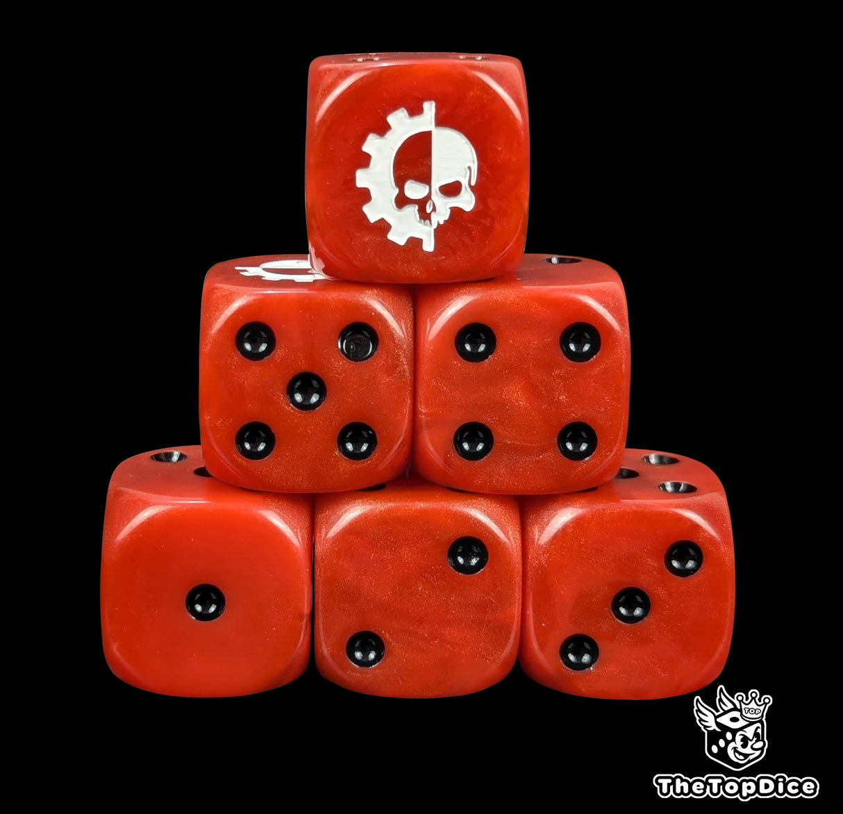 Red 16mm D6 dice with a white cog and skull emblem and black pips for sci-fi wargaming