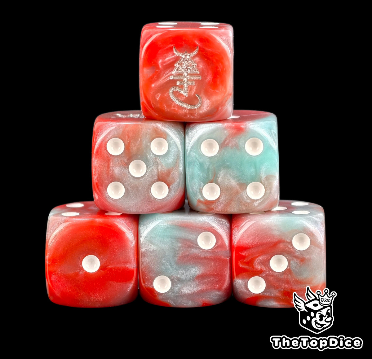 Six red and turquoise Ynnari D6 stacked, white pips and a silver rune