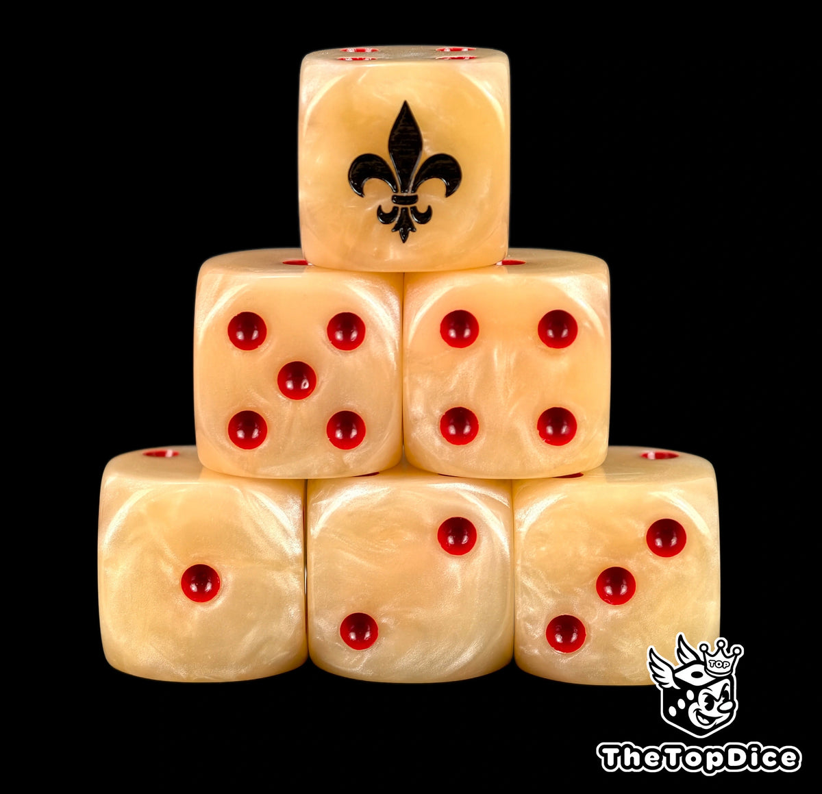 Six cream Battle Sisters D6 stacked, red pips and a black fleur