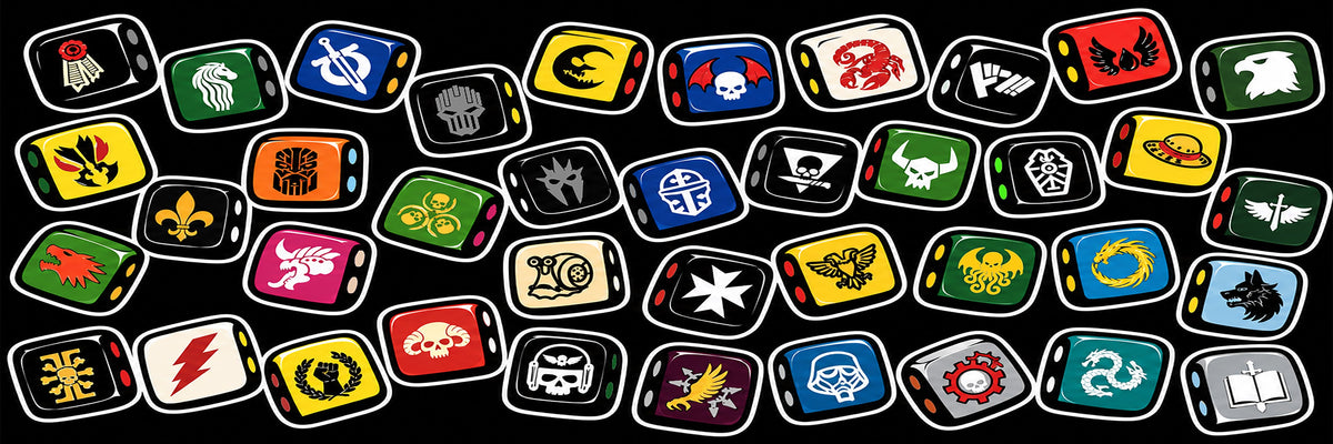 Rows of colourful 16mm resin D6 dice engraved with white faction emblems, skulls, eagles and wings – hand painted wargame dice