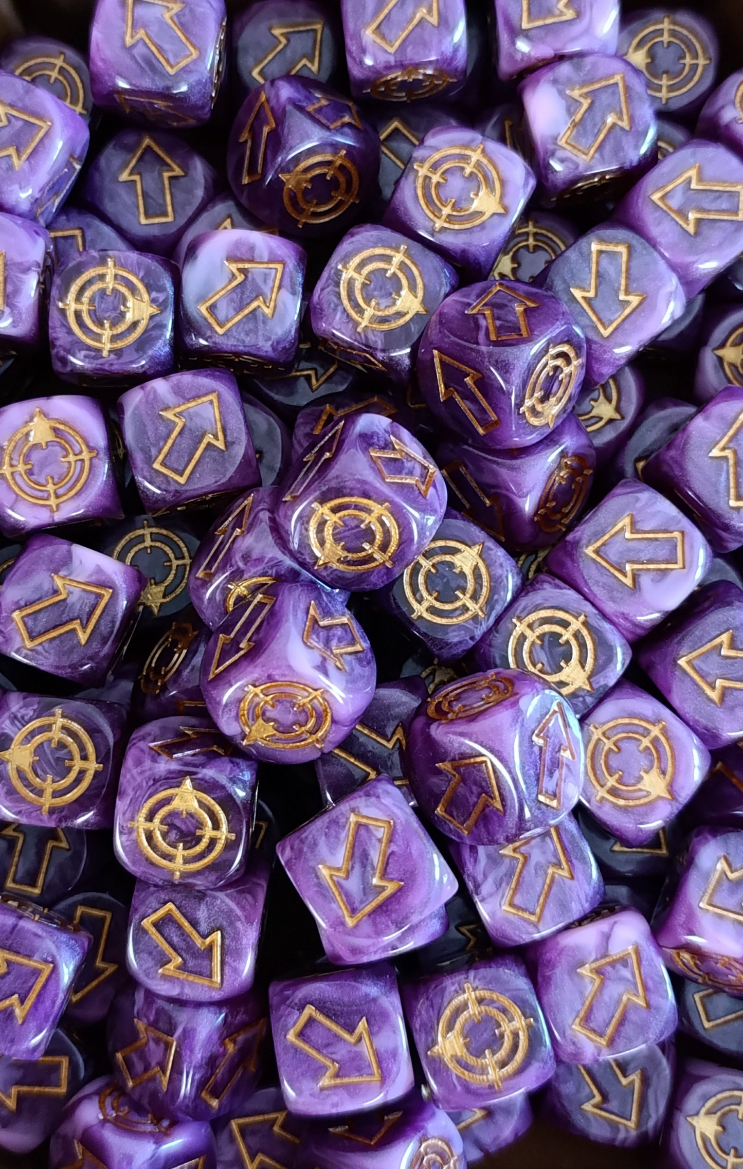 Handcrafted purple & gold scatter dice for wargames
