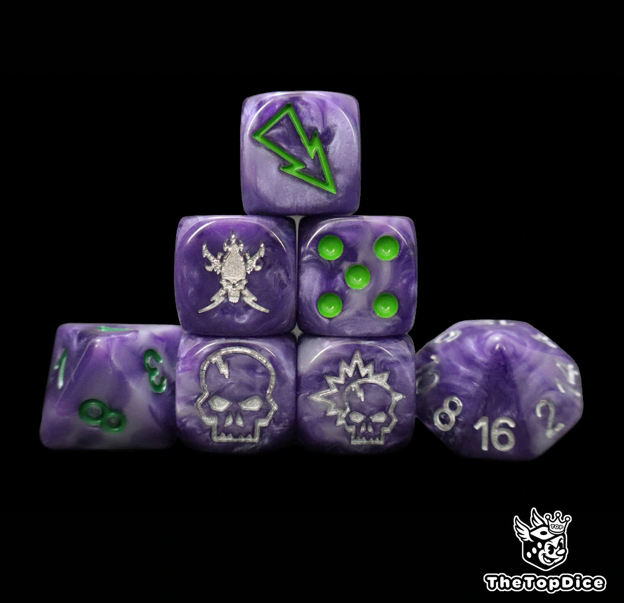 Purple dark elf fantasy football dice set of seven 16mm resin dice compatible with Blood Bowl