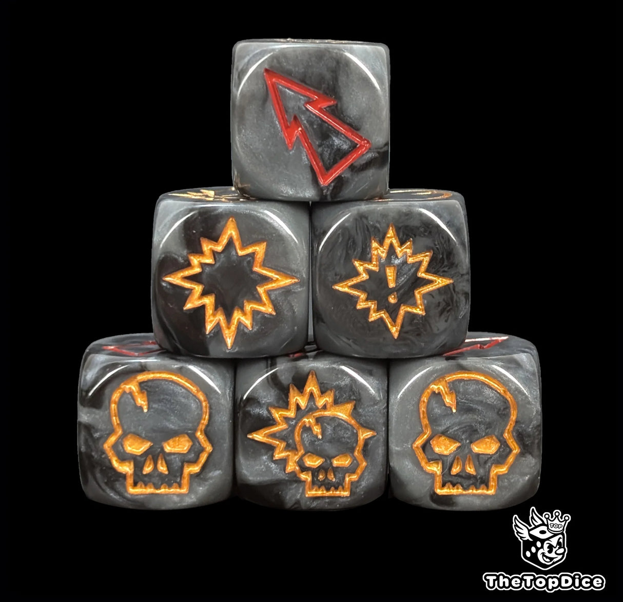 Close up of three black and grey 16mm block dice with red pips for resolving blocks