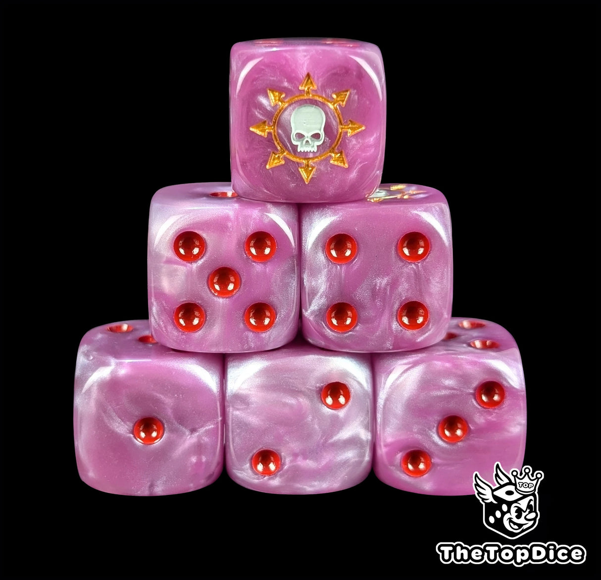 Purple resin D6 dice with a gold dark-star and skull emblem and red pips for dark armies