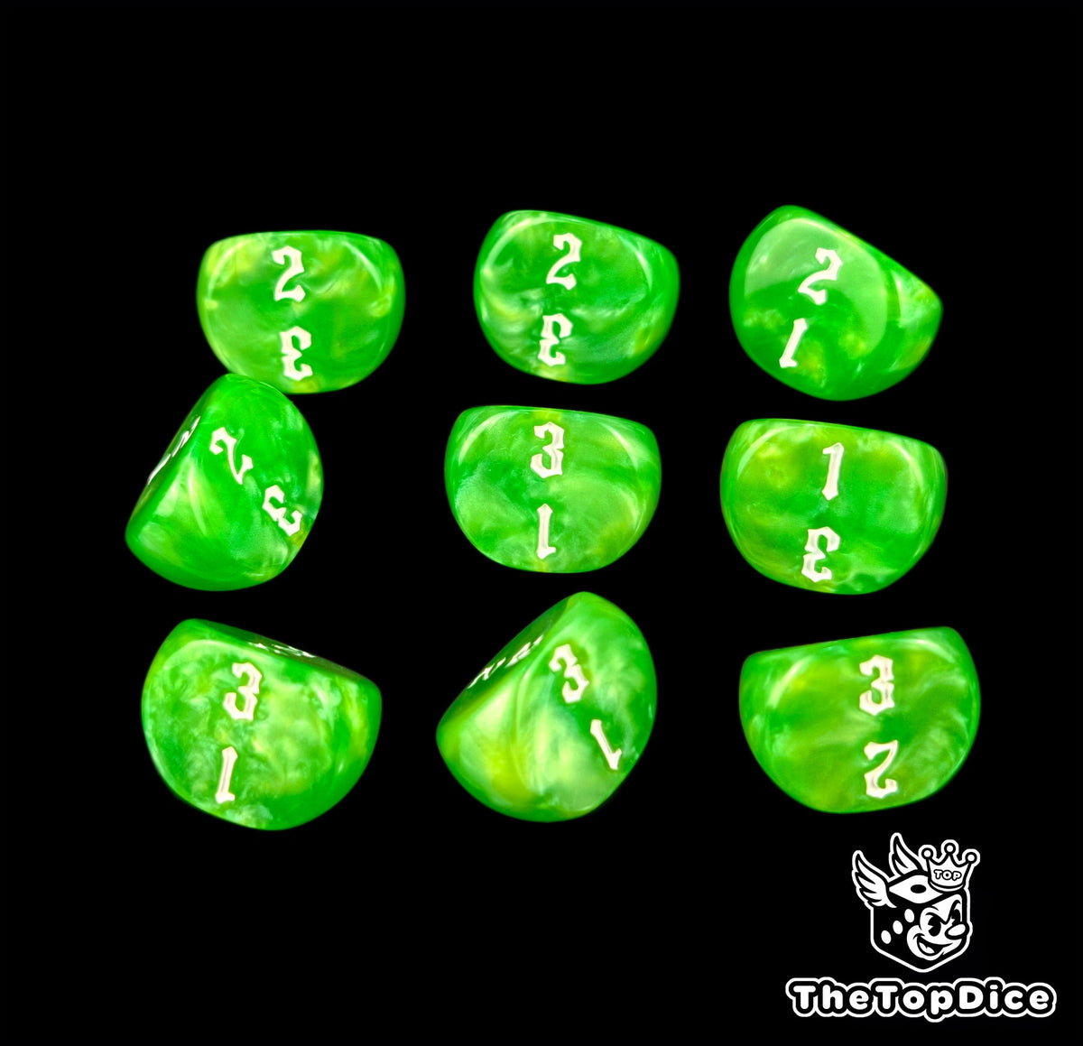 Deep emerald D3 dice arranged nine to a frame, numbered 1 to 3 in white