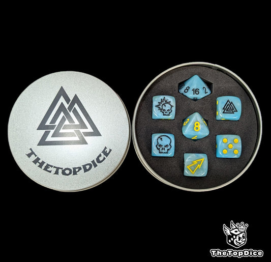 Custom viking-style team dice for bloody play