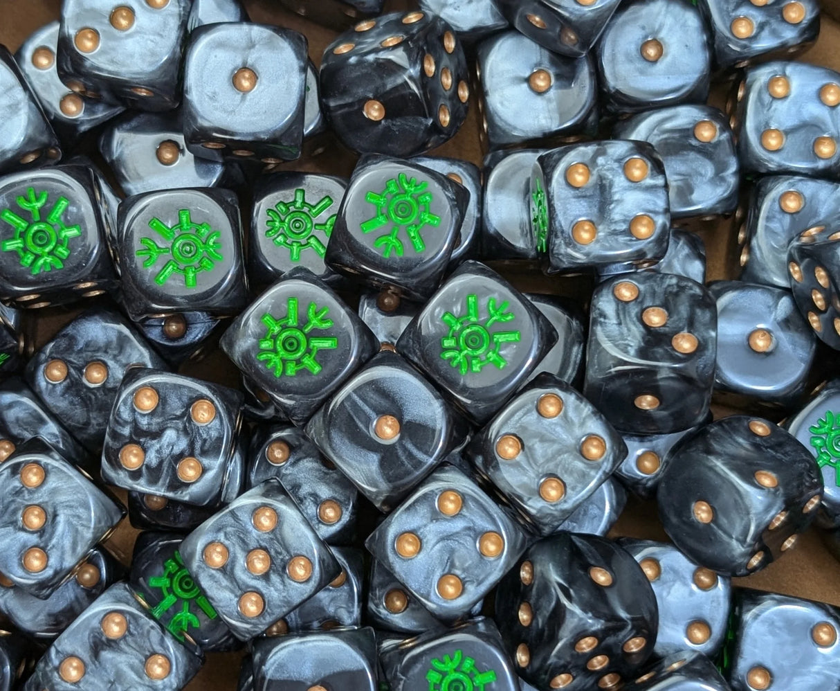 Full tray of black and grey Eternal Tomb Dynasty D6 dice for tabletop wargaming and RPGs