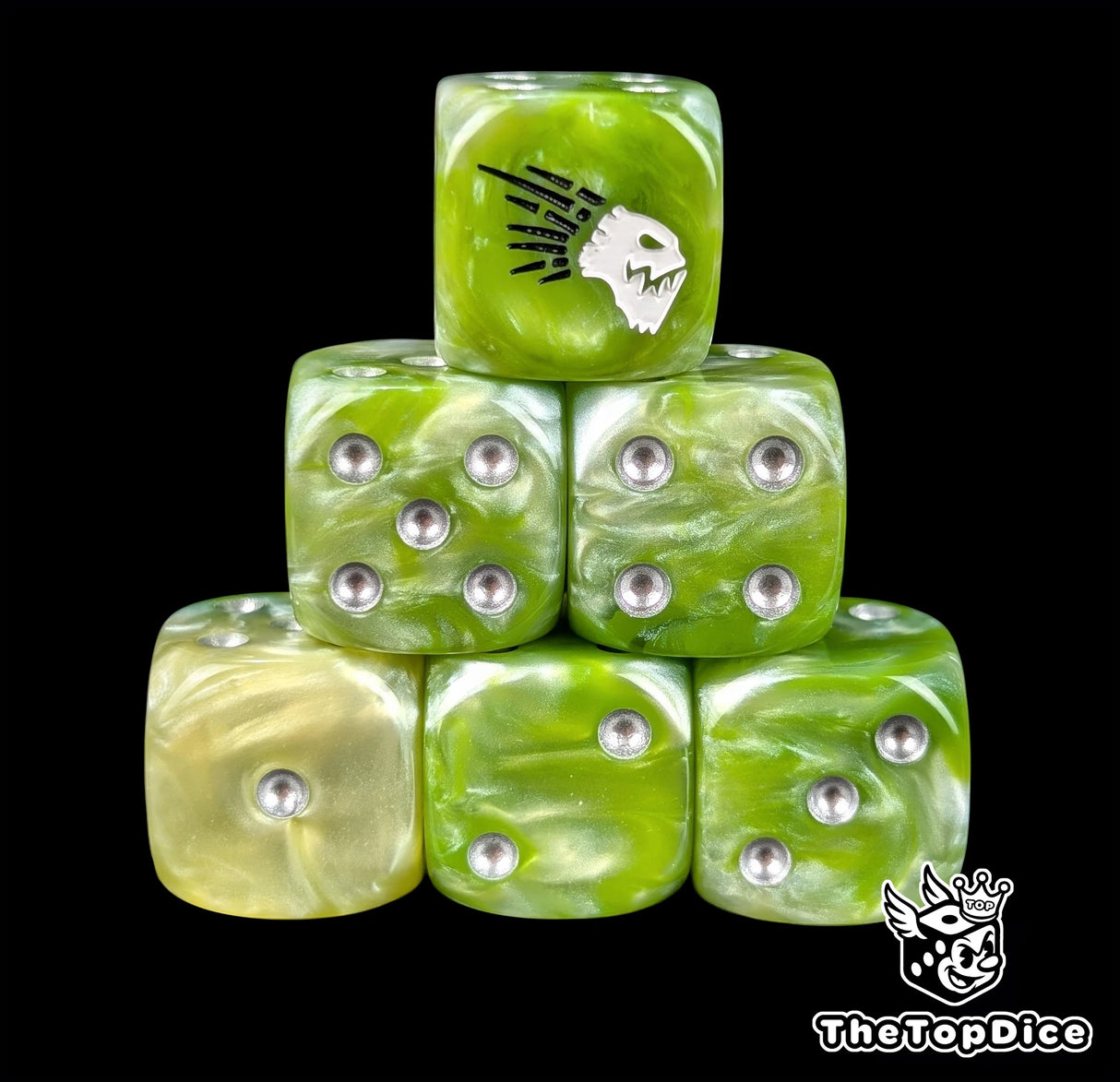 Green resin D6 dice with a white beaked alien emblem and silver pips