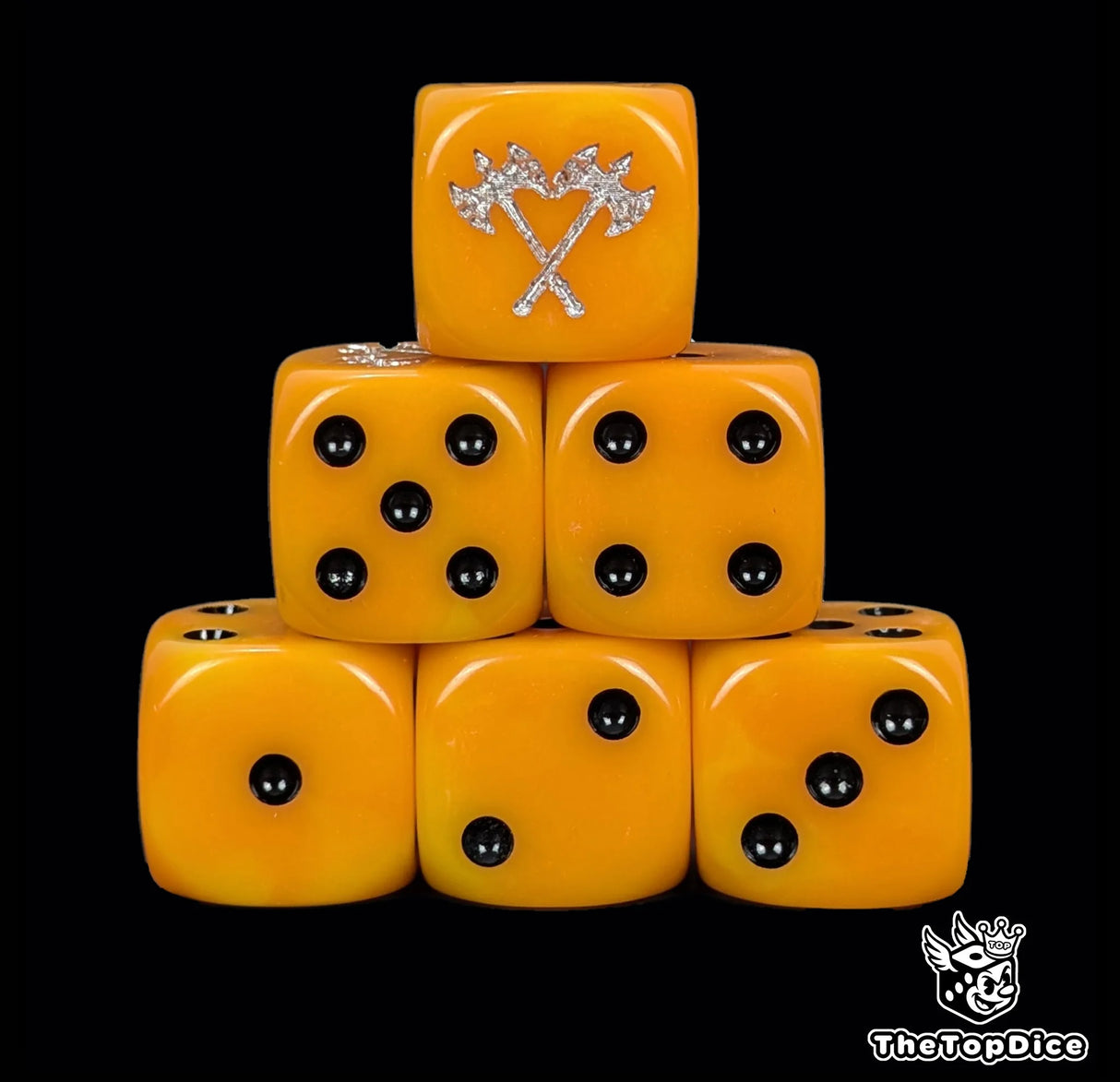 Orange 16mm D6 dice with a silver crossed axe emblem and black pips for fantasy wargaming