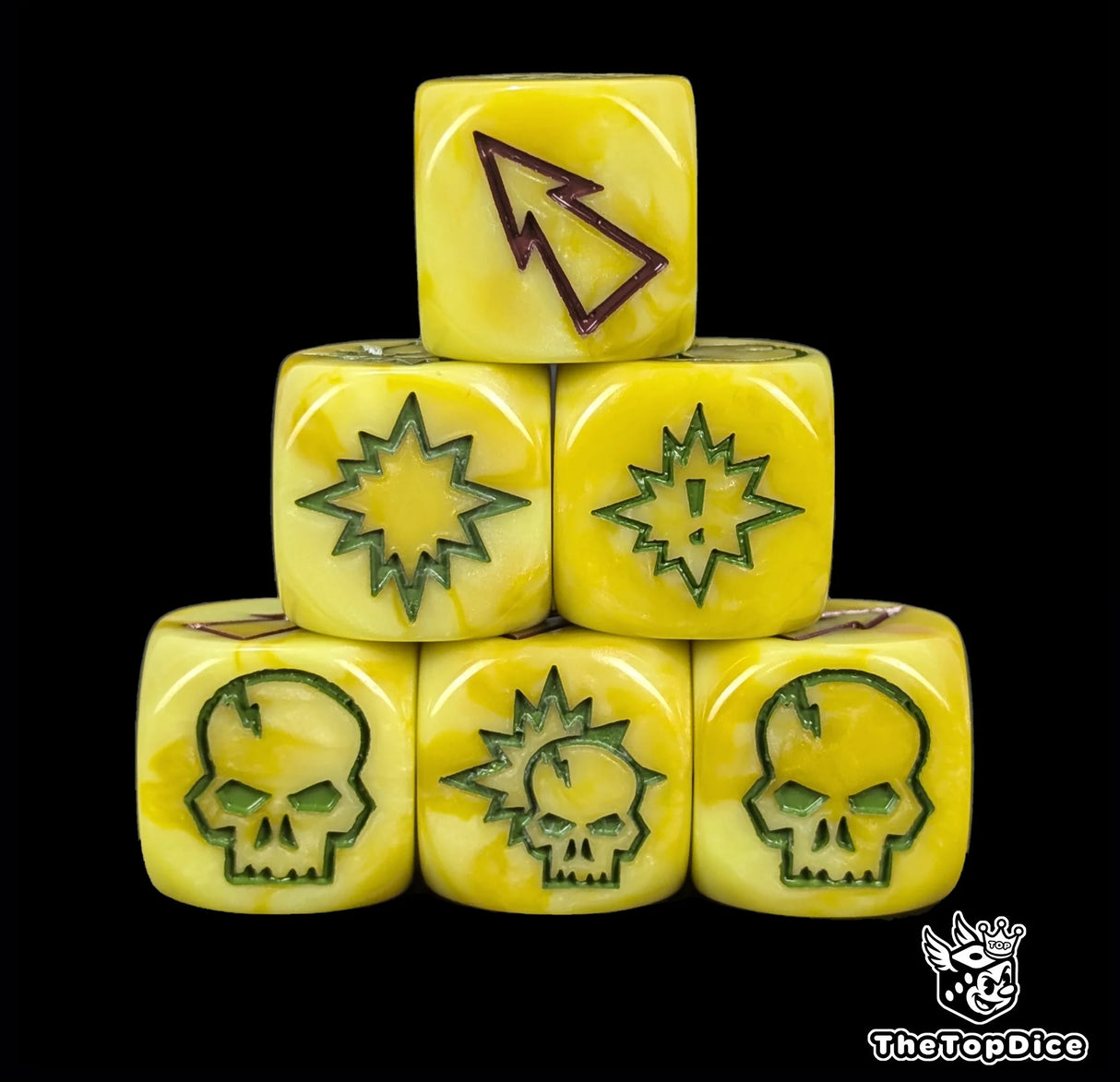 Close up of three yellow 16mm block dice with brown pips for resolving blocks