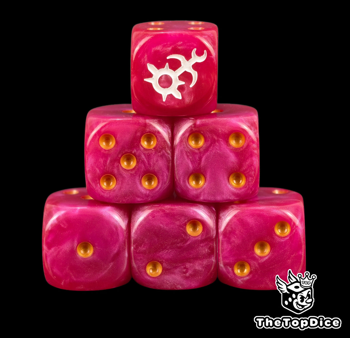 Six maroon Slaanesh D6 stacked, gold pips and a white chaos spiral