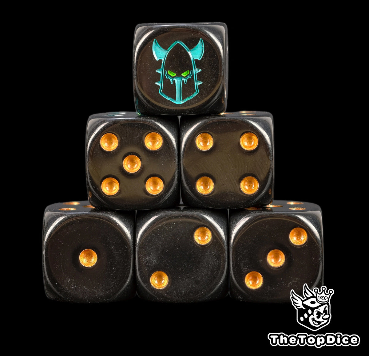 Six black Drukhari D6 stacked, gold pips and a turquoise helm